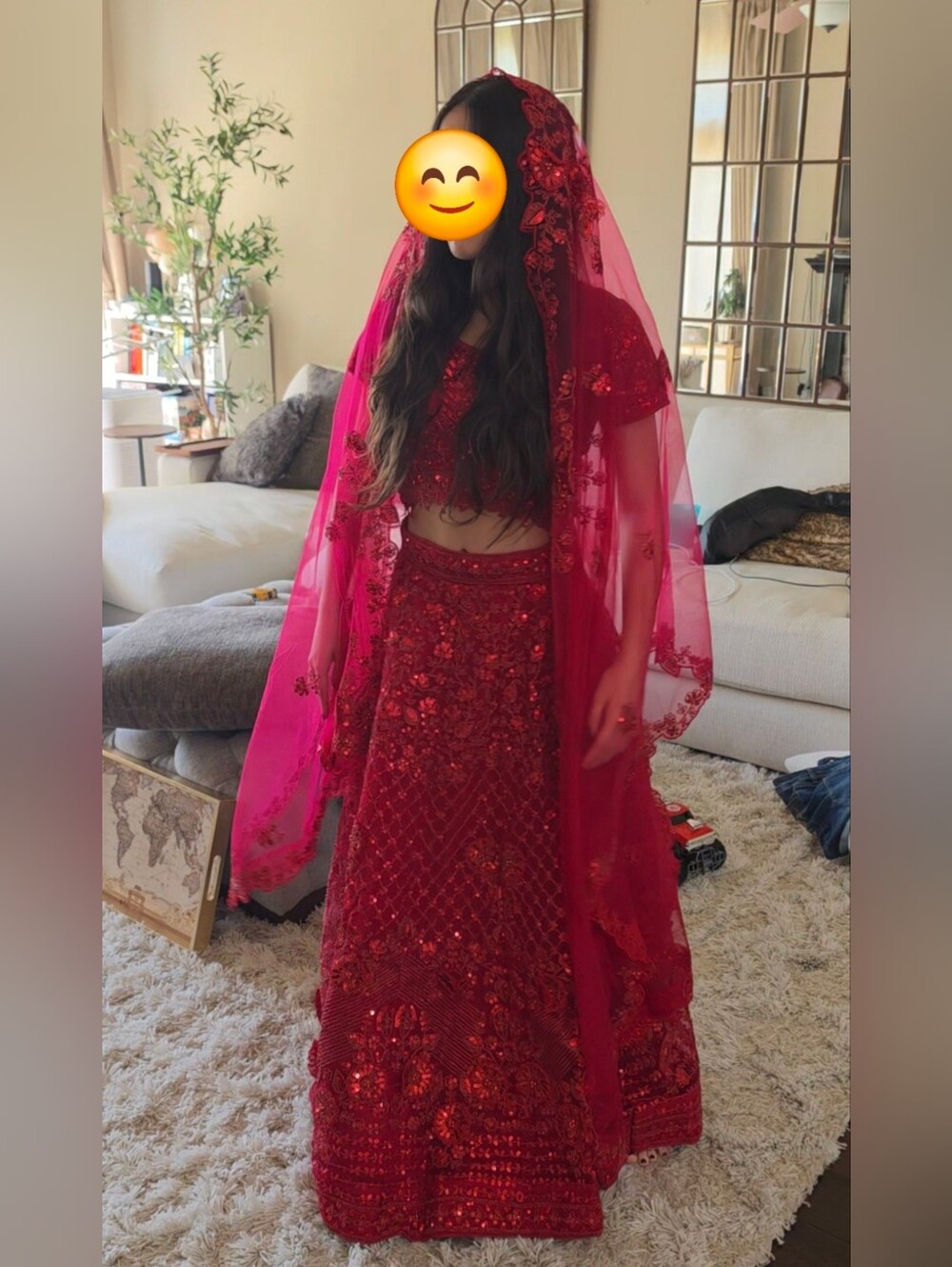 XS Custom Crimson Red Sequined Bridal Lehenga Choli Set w/ Matching Dupatta